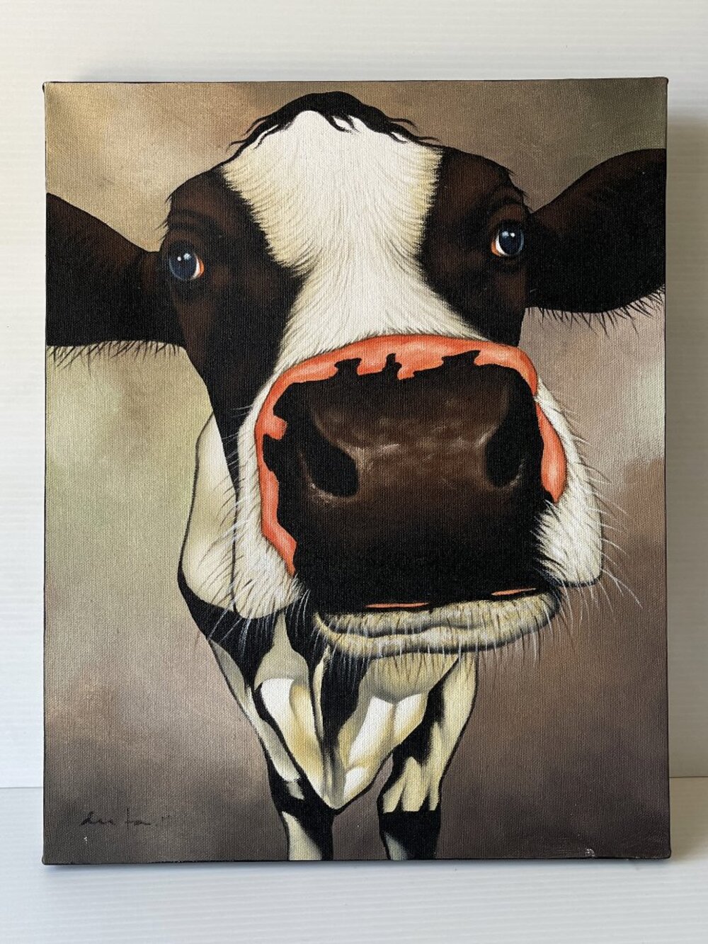 Vintage Original Whimsical Cow Portrait Painting 16x20 Canvas